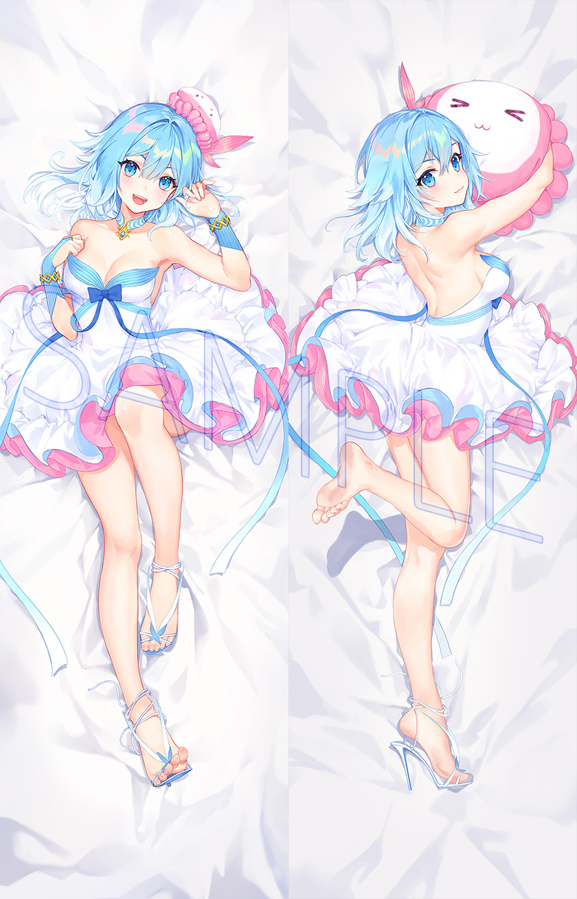 1girl atdan bare_shoulders barefoot blue_eyes blue_hair copyright_request dakimakura dress feet haiyi highres looking_at_viewer shoes toes white_dress