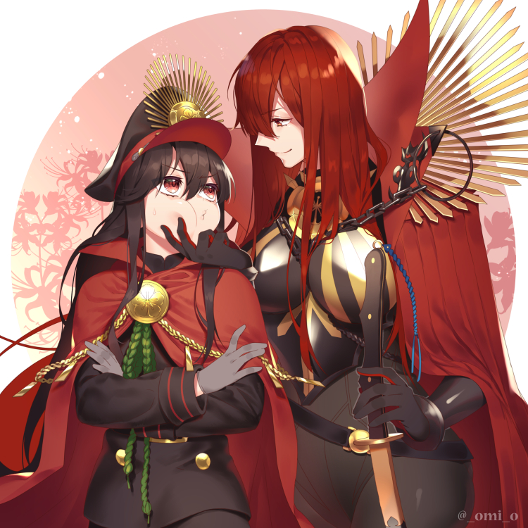 2girls armored_boots black_bodysuit black_scarf bodysuit boots breasts cape cheek_pinching dual_persona family_crest fate/grand_order fate_(series) hair_over_one_eye hat koha-ace large_breasts looking_at_another military_hat multiple_girls oda_nobunaga_(fate) oda_nobunaga_(maou_avenger)_(fate) oda_uri omi_(tyx77pb_r2) peaked_cap pinching red_cape red_eyes redhead scarf