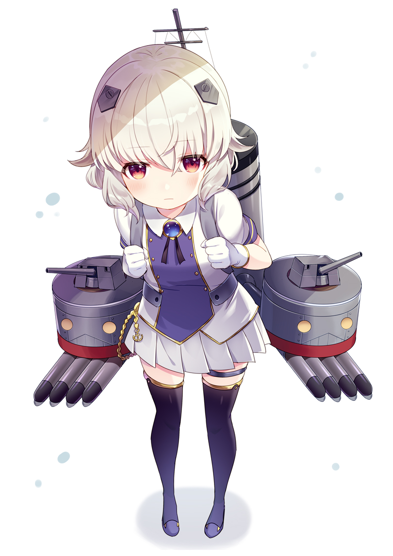 1girl azur_lane black_legwear blush bulldog_(azur_lane) cannon commentary_request full_body gloves hair_ornament hairclip looking_at_viewer red_eyes reimin short_hair simple_background solo standing thigh-highs torpedo_tubes turret white_background white_gloves white_hair