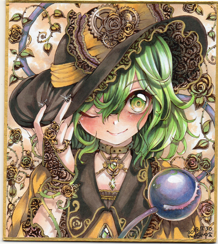 1girl black_headwear black_nails blush bow chain collar commentary_request fingernails flower gears gloves green_eyes green_hair hat hat_bow hat_ornament jewelry komeiji_koishi lace long_fingernails marker_(medium) mosho one_eye_closed rose shirt smile solo third_eye thorns touhou traditional_media yellow_bow yellow_shirt