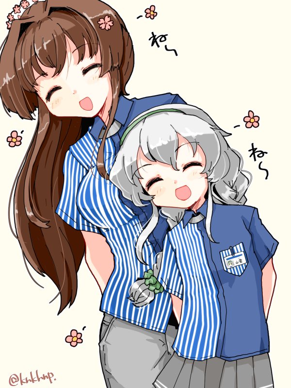 2girls arms_behind_back bangs blue_shirt blush breasts closed_eyes employee_uniform eyebrows_visible_through_hair flower grey_skirt hair_flower hair_ornament hair_scrunchie hairband kanoe_soushi kantai_collection lawson long_hair multiple_girls name_tag open_mouth pants petals pleated_skirt pocket ponytail scrunchie shirt silver_hair simple_background skirt striped striped_shirt twitter_username uniform vertical-striped_shirt vertical_stripes yamagumo_(kantai_collection) yamato_(kantai_collection) yellow_background