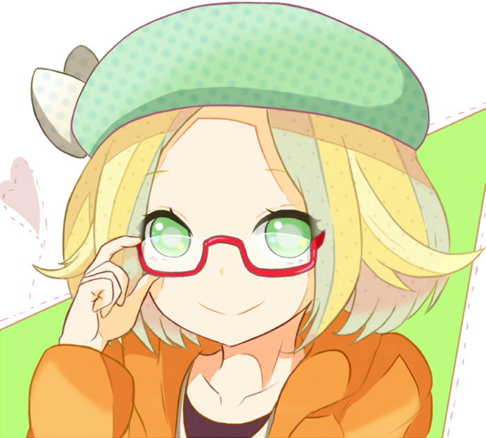 1girl ayunosu bel_(pokemon) blonde_hair closed_mouth commentary_request glasses green_eyes hat jacket looking_at_viewer pokemon pokemon_(game) pokemon_bw2 short_hair smile solo