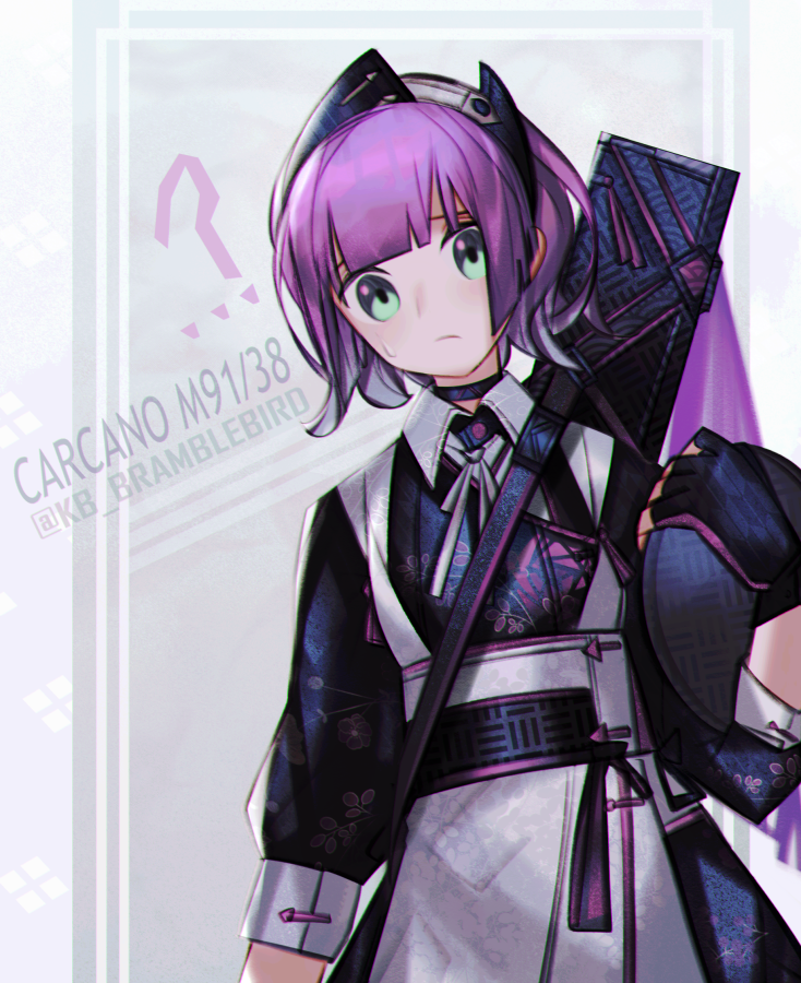 1girl ? alternate_costume black_gloves carcano_m91/38_(girls_frontline) character_name fingerless_gloves floral_print girls_frontline gloves green_eyes gun_case kky neck_ribbon purple_hair ribbon solo tied_hair tray twintails white_ribbon