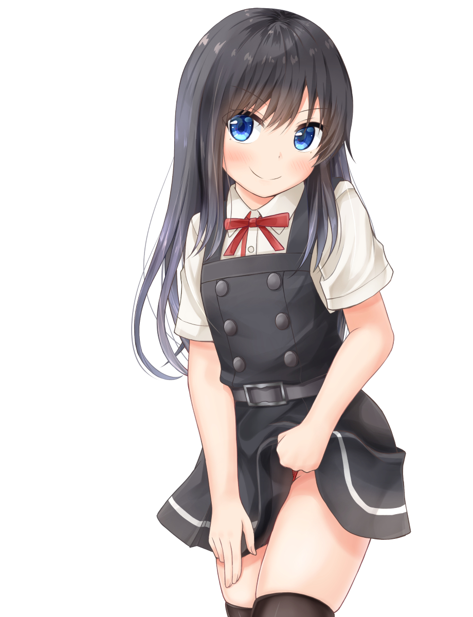 &gt;:) 1girl asashio_(kantai_collection) belt belt_buckle black_dress black_hair black_legwear blue_eyes blush buckle buttons comiching commentary_request dress dress_lift fingernails hair_between_eyes highres kantai_collection lifted_by_self long_hair pinafore_dress red_ribbon remodel_(kantai_collection) ribbon shirt short_sleeves simple_background smile solo thigh-highs v-shaped_eyebrows white_background white_shirt