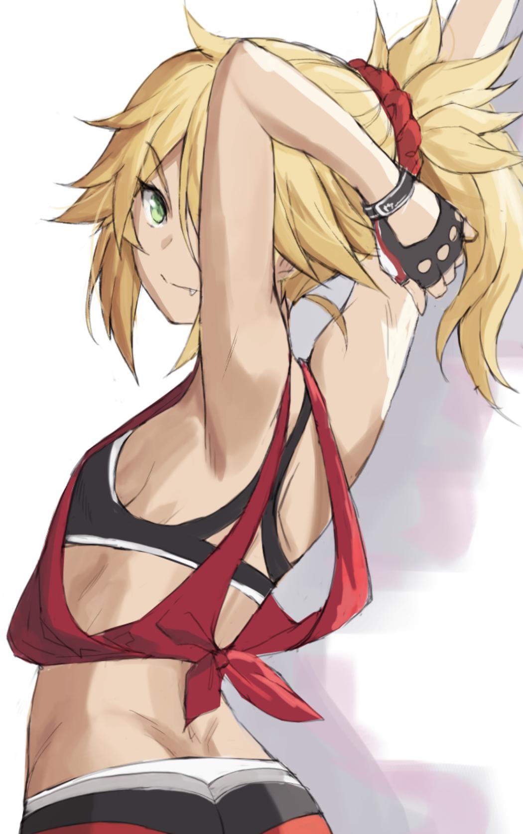 1girl back bangs bare_shoulders black_bra black_gloves blonde_hair bra braid breasts closed_mouth fang fate/apocrypha fate_(series) fingerless_gloves french_braid gloves green_eyes hair_ornament hair_scrunchie highres long_hair looking_at_viewer looking_back mordred_(fate) mordred_(fate)_(all) parted_bangs ponytail scrunchie sidelocks simple_background small_breasts solo sports_bra tonee underwear white_background