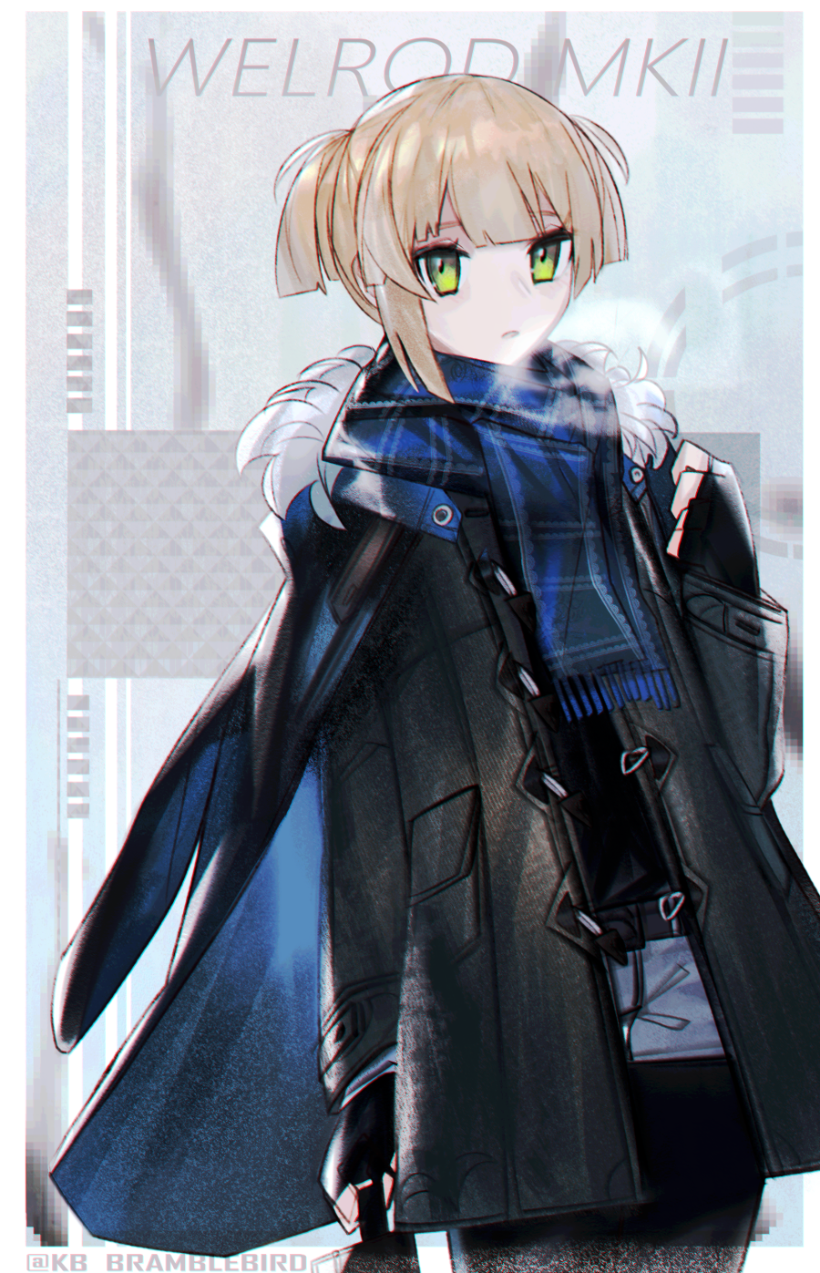 1girl blonde_hair breath character_name coat commentary_request cowboy_shot fingerless_gloves fur-trimmed_coat fur_trim girls_frontline gloves green_eyes highres kky looking_at_viewer parted_lips scarf short_twintails solo twintails twitter_username welrod_mk2_(girls_frontline)