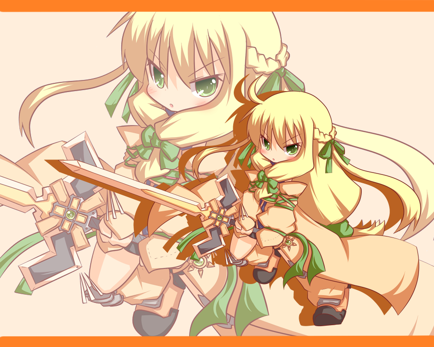 1girl :o ahoge bangs black_footwear blonde_hair blush boots bow braid brown_background brown_legwear brown_sleeves chibi copyright_request detached_sleeves eyebrows_visible_through_hair front_ponytail green_bow green_eyes green_ribbon hair_between_eyes hair_bow hair_ribbon holding holding_sword holding_weapon kneehighs long_hair long_sleeves loose_socks mori_no_kaeru parted_lips ribbon sleeves_past_wrists solo standing standing_on_one_leg sword two-handed v-shaped_eyebrows very_long_hair weapon zoom_layer