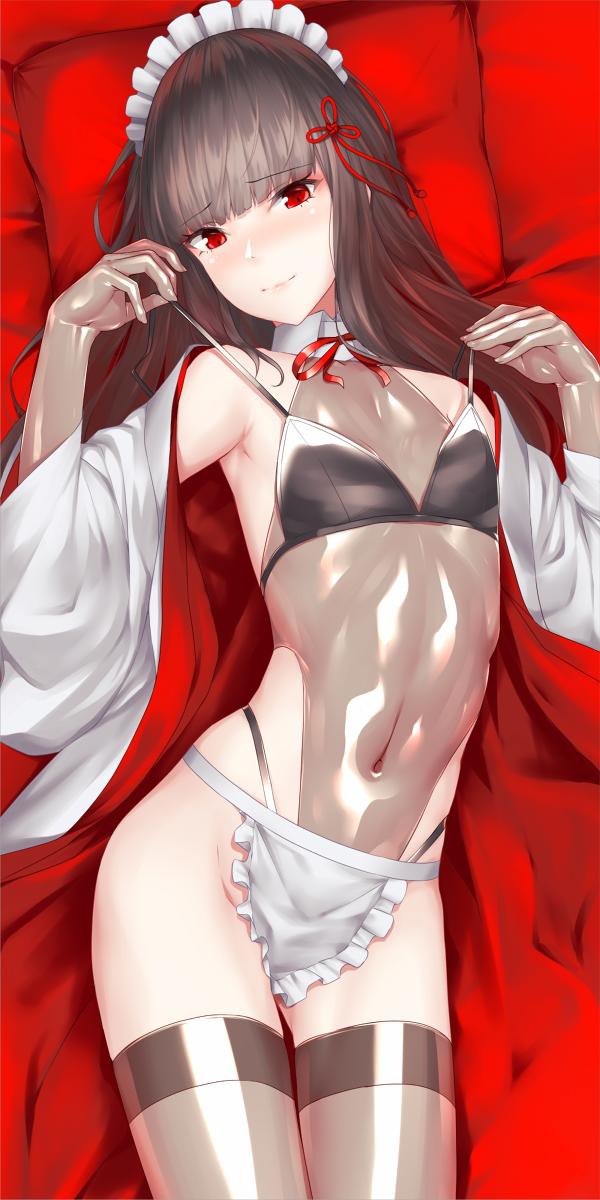 1girl apron bangs bed_sheet bikini black_bikini black_hair blunt_bangs blush closed_mouth cowboy_shot flat_chest gloves hair_ribbon headdress highres japanese_clothes kageshio_(276006) kimono long_hair looking_at_viewer lying navel on_back open_clothes open_kimono red_eyes red_ribbon ribbon see-through sennen_sensou_aigis shino_(sennen_sensou_aigis) solo swimsuit thigh-highs waist_apron white_kimono