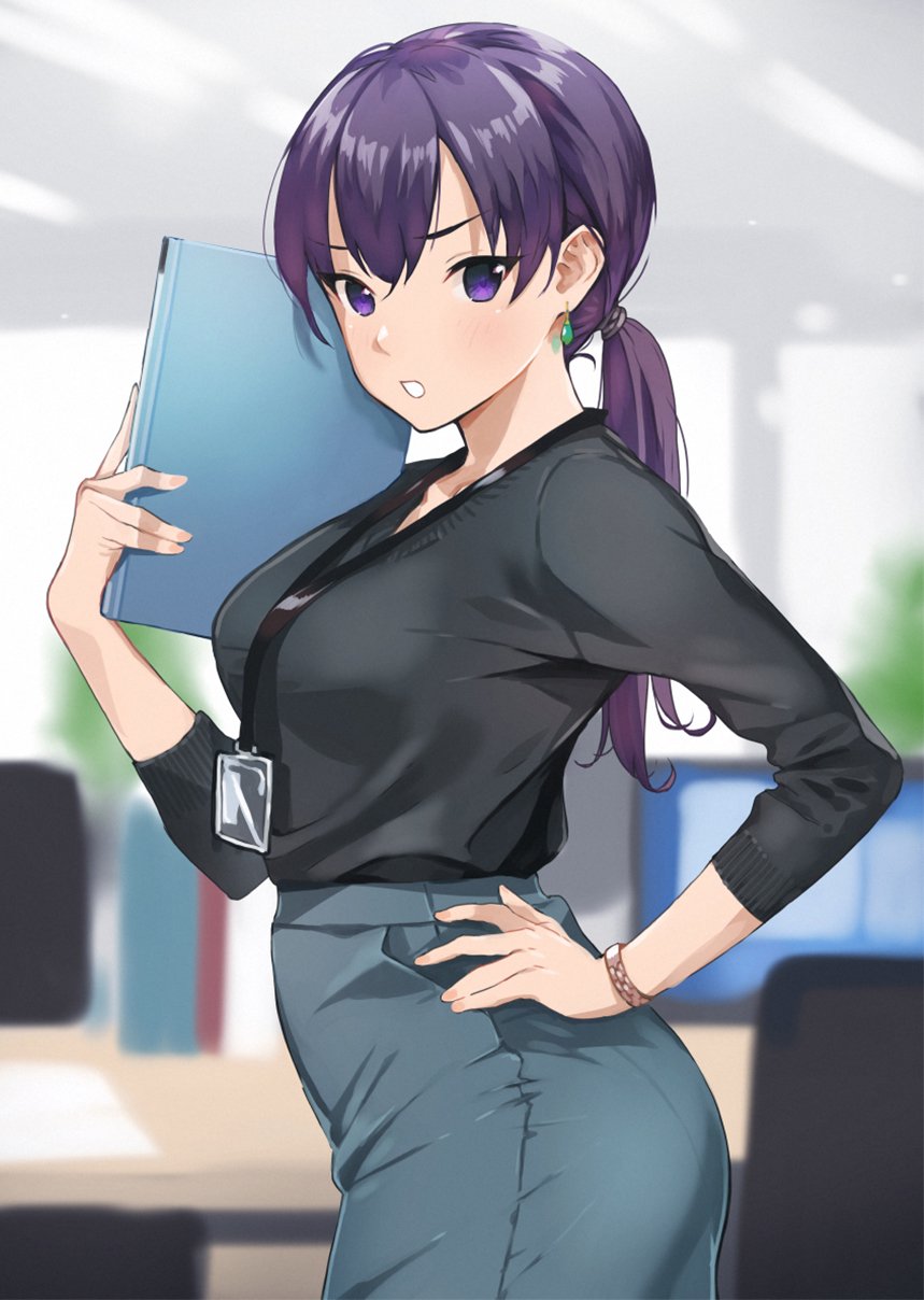 1girl bangs binder black_shirt blue_skirt blurry blurry_background blush bracelet breasts chair commentary_request desk doushimasho earrings hair_between_eyes hand_on_hip highres holding indoors jewelry lanyard large_breasts long_hair long_sleeves looking_at_viewer low_ponytail monitor name_tag office office_chair office_lady original paper parted_lips purple_hair shirt skirt violet_eyes window