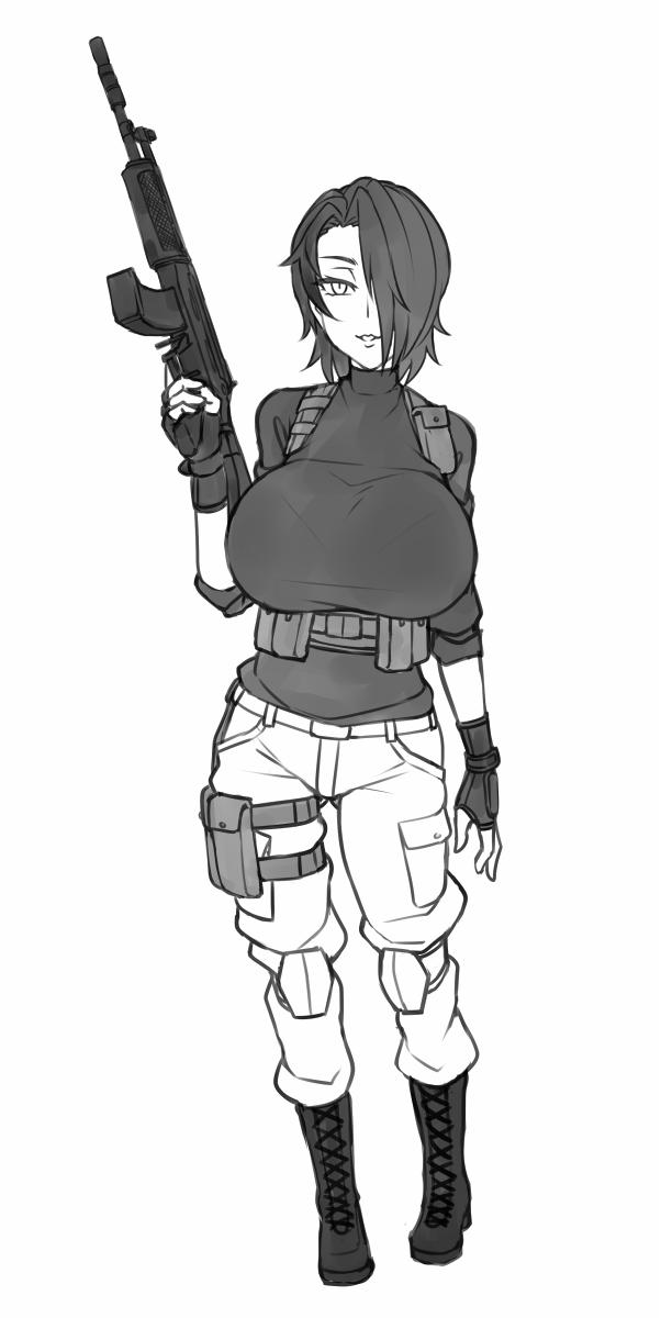 1girl ass_visible_through_thighs belt belt_pouch boots breasts commentary cross-laced_footwear english_commentary fingerless_gloves full_body gloves greyscale gun hair_over_one_eye highres holding holding_gun holding_weapon huge_breasts impossible_clothes impossible_shirt knee_pads looking_at_viewer monochrome original parted_lips pocket pouch rifle saya_(twrlare) shirt short_hair simple_background sleeves_rolled_up smile solo standing tactical_clothes thigh_pouch thigh_strap turtleneck twrlare weapon white_background