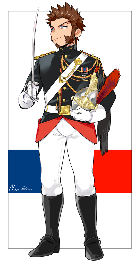 1boy aiguillette black_border black_footwear blue_eyes border closed_mouth epaulettes fate/grand_order fate_(series) full_body helmet looking_to_the_side male_focus military military_uniform multicolored multicolored_background napoleon_bonaparte_(fate/grand_order) outside_border pants rapier shitappa sideburns smile sword uniform weapon white_pants