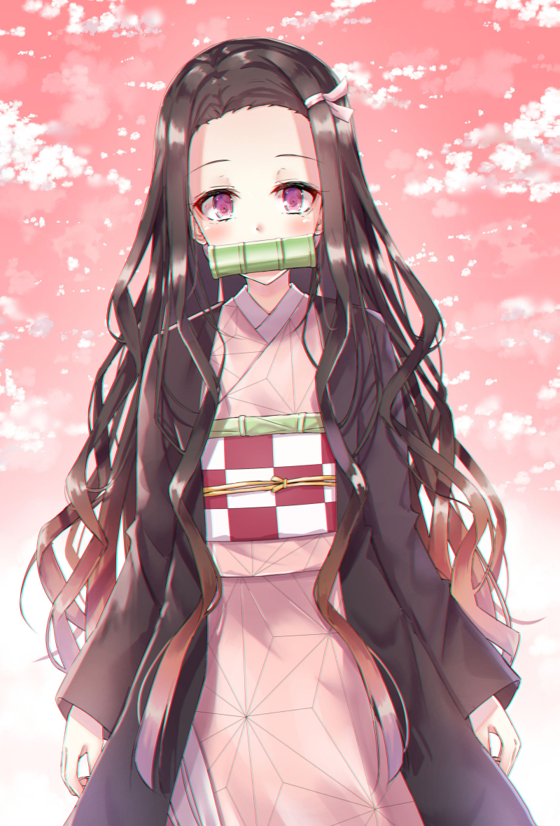 1girl akira_(been0328) bamboo bangs bit_gag black_hair blush brown_hair checkered commentary_request forehead gag gradient_hair hair_ribbon japanese_clothes kamado_nezuko kimetsu_no_yaiba kimono long_hair long_sleeves looking_at_viewer mouth_hold multicolored_hair obi open_clothes parted_bangs pink_kimono pink_ribbon ribbon sash sleeves_past_wrists solo very_long_hair violet_eyes wide_sleeves