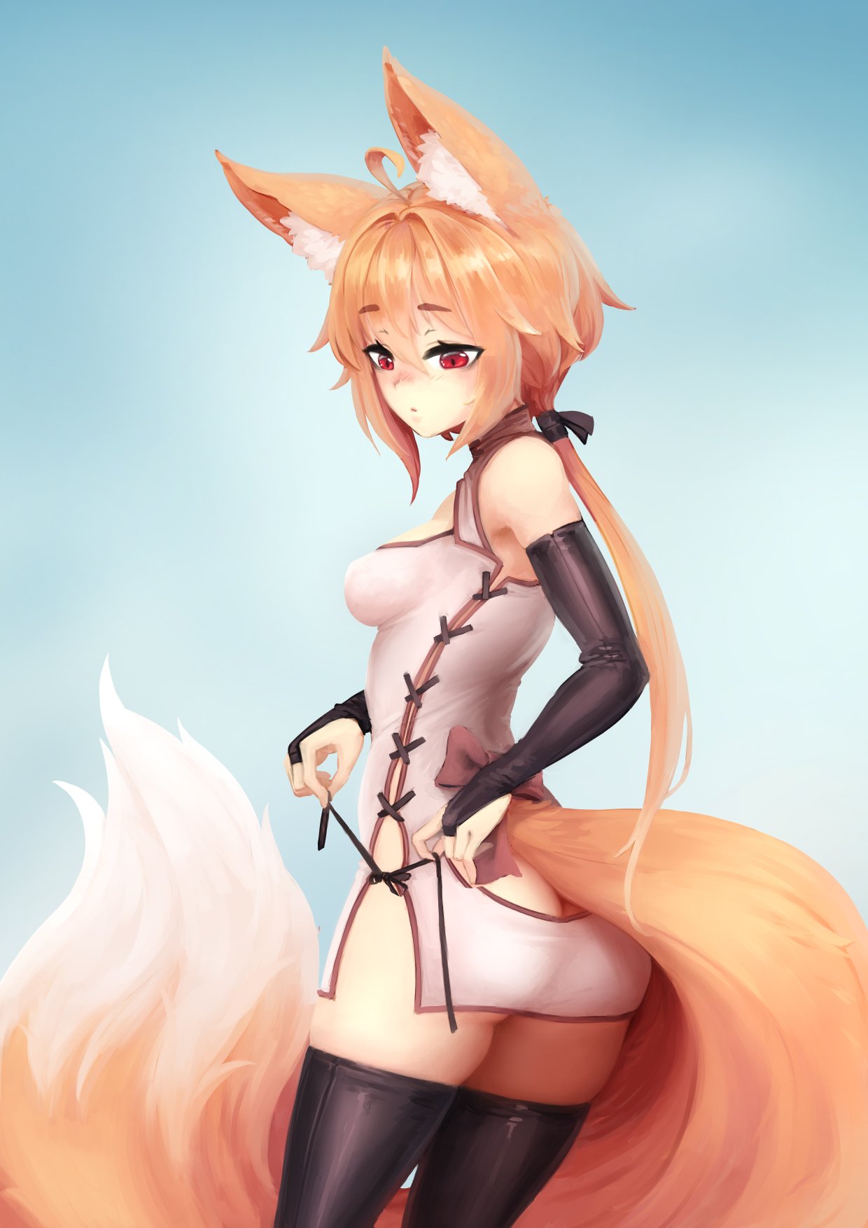 1girl ahoge animal_ear_fluff animal_ears ass bangs barbariank bare_shoulders black_gloves black_legwear black_ribbon blue_background blush borrowed_character breasts bridal_gauntlets commentary cowboy_shot dress elbow_gloves english_commentary eyebrows_visible_through_hair fox_ears fox_girl fox_tail gloves gradient gradient_background hair_between_eyes hair_ribbon highres large_tail long_hair low_ponytail medium_breasts nose_blush orange_hair original red_eyes ribbon short_dress side_slit simple_background solo suzu_(sub-res) tail tail_cutout thigh-highs untying