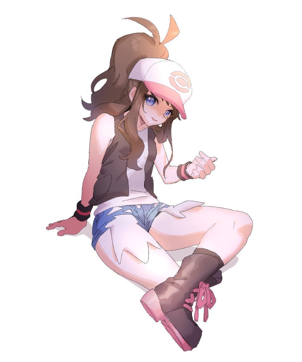 1girl ankea_(a-ramo-do) bare_shoulders baseball_cap black_footwear black_legwear black_vest blue_eyes blue_shorts boots breasts brown_hair crossed_legs hand_up happy hat highres long_hair looking_at_viewer open_mouth pink_headwear poke_ball_symbol poke_ball_theme pokemon pokemon_(game) pokemon_bw ponytail shirt short_shorts shorts simple_background sitting sleeveless sleeveless_shirt small_breasts smile socks solo tied_hair touko_(pokemon) vest white_background white_shirt wristband
