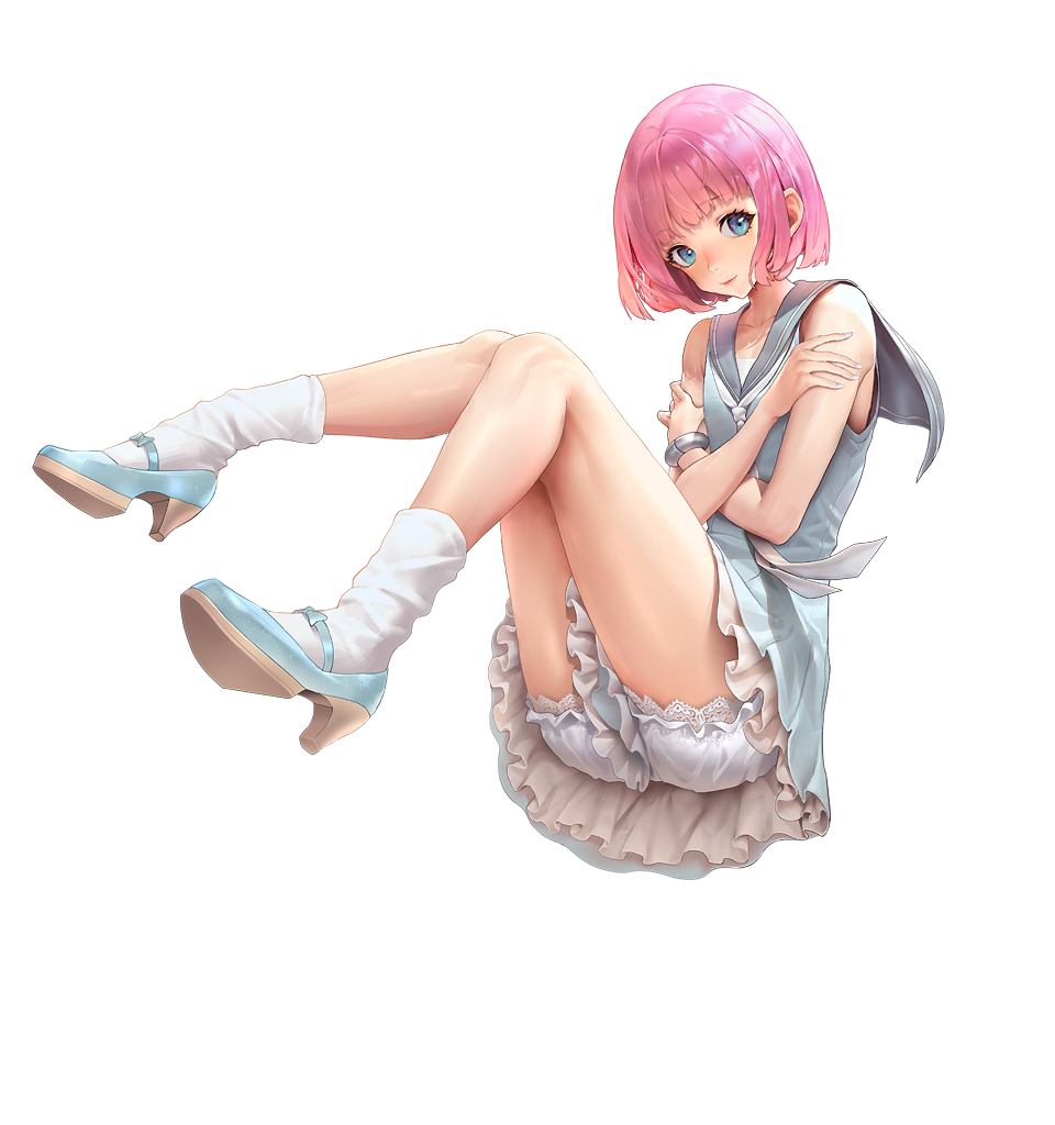 1boy bloomers blue_eyes bracelet catherine_(game) crossed_arms destiny_child dress high_heels jewelry kim_hyung_tae looking_at_viewer necktie official_art pink_hair rin_(catherine) sailor_collar short_dress short_hair socks solo underwear white_neckwear