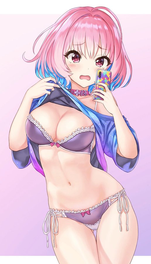 1girl ahoge ass_visible_through_thighs bangs blue_hair blue_shirt blush bra breasts cellphone collar fang hair_intakes hhama idolmaster idolmaster_cinderella_girls large_breasts looking_at_viewer multicolored_hair navel open_mouth panties phone pink_background pink_collar pink_eyes pink_hair purple_bra purple_panties self_shot shirt shirt_lift short_hair side-tie_panties simple_background solo t-shirt thighs two-tone_hair underwear yumemi_riamu