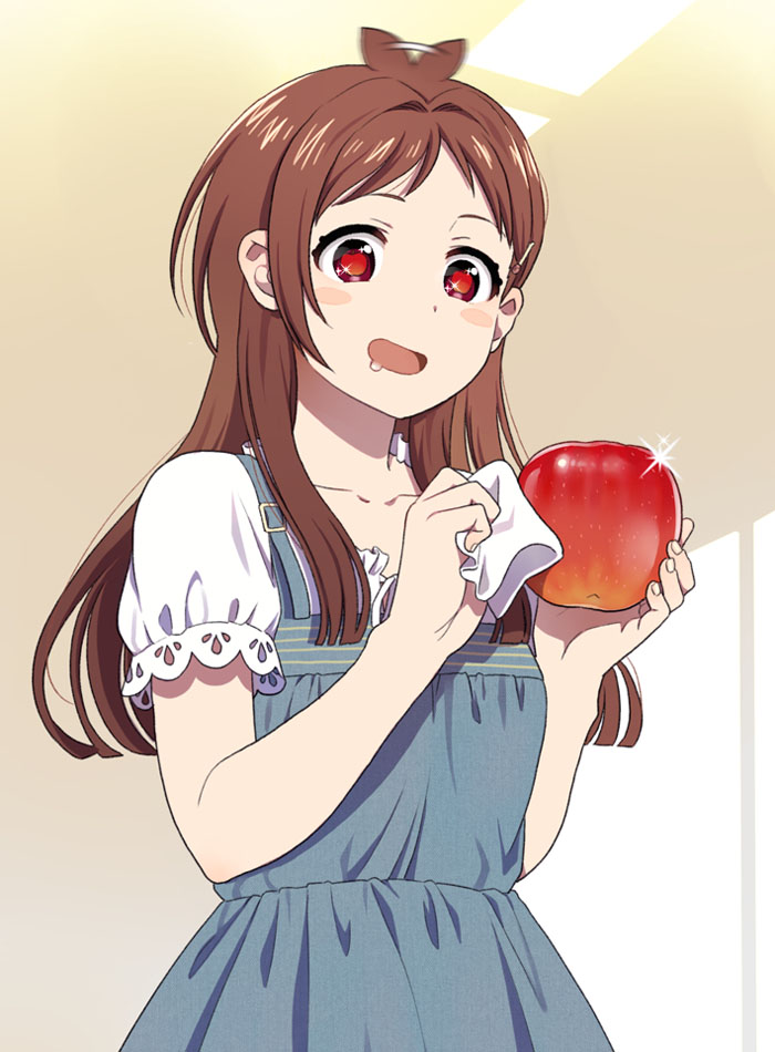 1girl :d apple bangs blue_dress blush_stickers brown_eyes brown_hair collarbone dress drooling expressive_hair food fruit glint hair_ornament hairclip holding holding_food idolmaster idolmaster_cinderella_girls indoors long_hair mattaku_mousuke open_mouth puffy_short_sleeves puffy_sleeves red_apple saliva shirt short_sleeves sleeveless sleeveless_dress smile solo standing symbol-shaped_pupils tsujino_akari white_shirt