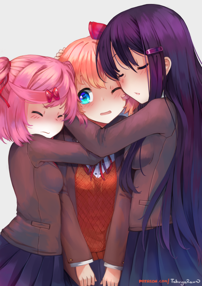 3girls bangs blue_eyes blue_skirt blush breasts brown_hair brown_jacket closed_eyes commentary doki_doki_literature_club double_bun hair_between_eyes hair_bun hair_ornament hairclip hug jacket large_breasts long_hair long_sleeves medium_breasts medium_hair multiple_girls natsuki_(doki_doki_literature_club) one_eye_closed open_mouth pink_hair red_ribbon ribbon sayori_(doki_doki_literature_club) shirt skirt takuyarawr white_shirt yuri_(doki_doki_literature_club)