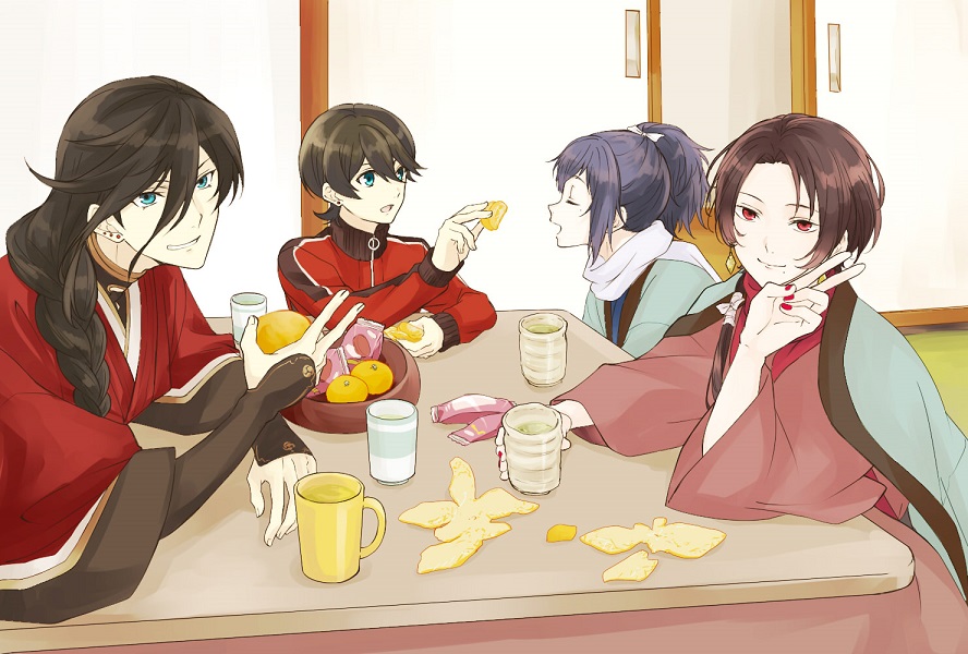 4boys black_hair blue_eyes braid brown_hair closed_eyes cup earrings food fruit horikawa_kunihiro izumi-no-kami_kanesada jacket japanese_clothes jewelry kashuu_kiyomitsu kotatsu male_focus mole mole_under_eye mole_under_mouth mug multiple_boys open_mouth orange orange_peel ponytail red_eyes red_nails single_braid smile stud_earrings table touken_ranbu track_jacket yamato-no-kami_yasusada yamazaki_mitsuko yunomi