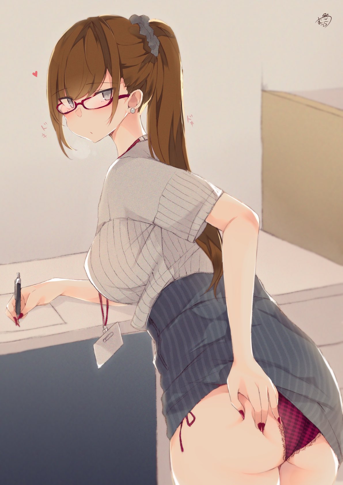 1girl ass ass_grab bangs blue_scrunchie blush breasts brown_hair checkered checkered_panties commentary_request earrings eyebrows_visible_through_hair grey_shirt heart high_ponytail highres holding holding_pen id_card indoors jewelry lanyard large_breasts leaning_forward long_hair looking_to_the_side muuran nail_polish office_lady original panties pen pencil_skirt ponytail red_nails red_panties scrunchie shirt short_sleeves sidelocks skirt skirt_lift striped striped_skirt table thighs underwear