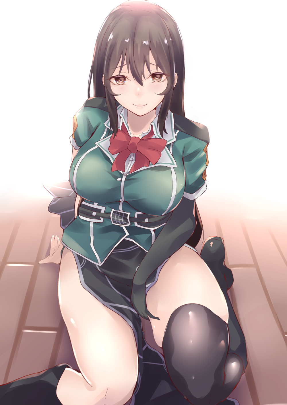 1girl bangs belt black_gloves black_legwear blush bow bowtie breasts brown_eyes brown_hair chikuma_(kantai_collection) elbow_gloves endou_(zettai_bluenoid) eyebrows_visible_through_hair gloves hair_between_eyes highres kantai_collection large_breasts long_hair looking_at_viewer pelvic_curtain red_neckwear remodel_(kantai_collection) short_sleeves side_slit sidelocks single_elbow_glove single_thighhigh sitting skindentation skirt smile solo thigh-highs thighs