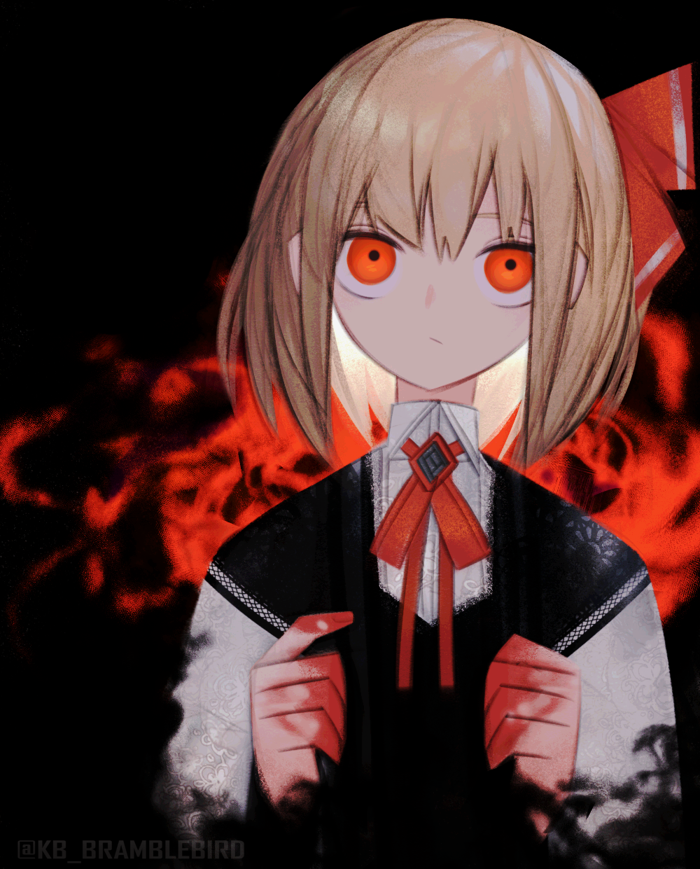 1girl blonde_hair blood bloody_hands censored commentary dark_background darkness hair_ribbon highres kky looking_at_viewer mosaic_censoring neck_ribbon red_eyes red_ribbon ribbon rumia short_hair solo touhou twitter_username upper_body