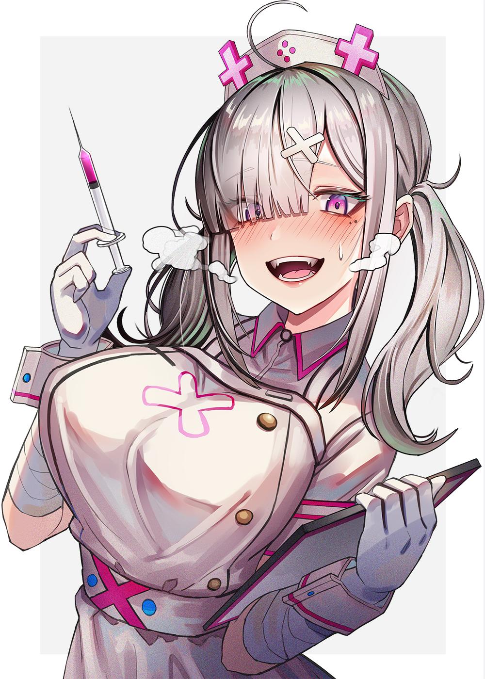 1girl :d ahoge bandaged_arm bandages bangs blush breasts breath dakunesu dress fangs gloves hair_ornament hair_over_one_eye hand_up hat highres holding large_breasts long_hair looking_at_viewer mole mole_under_eye nijisanji nurse nurse_cap open_mouth short_sleeves sidelocks silver_hair smile solo sukoya_kana sweat syringe twintails upper_body violet_eyes virtual_youtuber white_dress white_gloves wing_collar wrist_cuffs x_hair_ornament