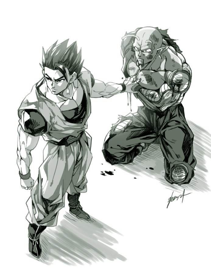 2boys antennae blood dougi dragon_ball dragon_ball_z from_above greyscale kim_yura_(goddess_mechanic) light male_focus missing_limb monochrome multiple_boys muscle piccolo pointy_ears seiza shadow signature sitting son_gohan wristband