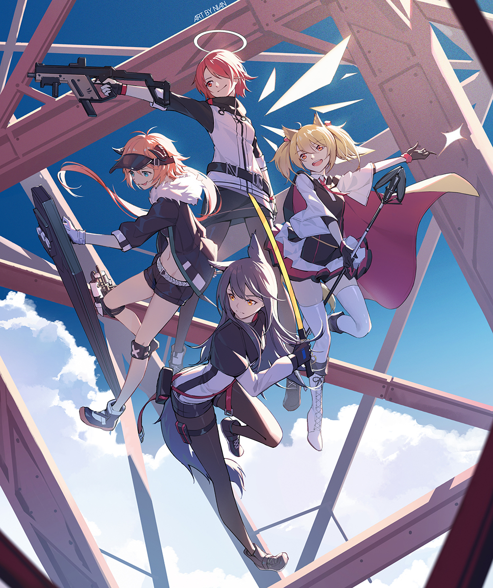 4girls animal_ears arknights artist_name bangs belt belt_buckle black_footwear black_gloves black_hair black_jacket black_legwear black_skirt blonde_hair blue_eyes blue_sky boots buckle cape closed_mouth clouds croissant_(arknights) cross-laced_footwear exusiai_(arknights) eyebrows_visible_through_hair fingerless_gloves gloves gun hair_between_eyes halo highres holding holding_gun holding_sword holding_weapon horns jacket knee_pads kriss_vector lace-up_boots long_hair miniskirt multiple_girls nian open_clothes open_jacket open_mouth orange_eyes orange_hair pantyhose red_eyes red_neckwear redhead shoes short_hair short_shorts shorts skirt sky smile sora_(arknights) submachine_gun sword texas_(arknights) twintails weapon white_footwear white_gloves white_jacket white_legwear
