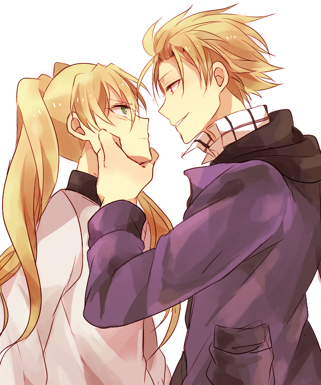 1boy 1girl black_(kekkai_sensen) blonde_hair blonde_pubic_hair closed_mouth collar green_eyes hand_on_own_cheek jacket kekkai_sensen long_hair long_sleeves mw_rkgk open_mouth pocket purple_jacket red_eyes short_hair simple_background twintails white_(kekkai_sensen) white_background