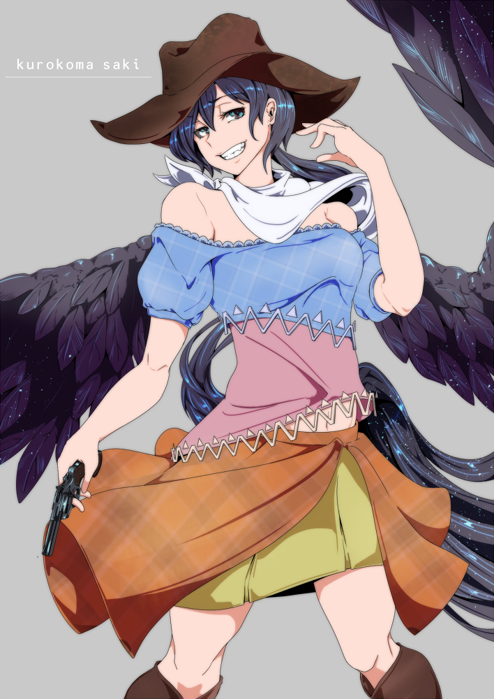 1girl alternate_eye_color bandana bangs bare_shoulders black_hair black_wings blue_eyes blue_shirt boots breasts brown_footwear brown_headwear character_name commentary_request cowboy_hat eyebrows_visible_through_hair feathered_wings feet_out_of_frame grey_background grin gun hair_between_eyes hand_up handgun hat head_tilt holding holding_gun holding_weapon knee_boots kurokoma_saki long_hair looking_at_viewer medium_breasts midriff_peek miniskirt navel off-shoulder_shirt off_shoulder orange_skirt plaid plaid_shirt plaid_skirt potato_pot puffy_short_sleeves puffy_sleeves revolver shirt short_sleeves simple_background skirt smile solo standing touhou unmoving_pattern very_long_hair weapon wings yellow_skirt