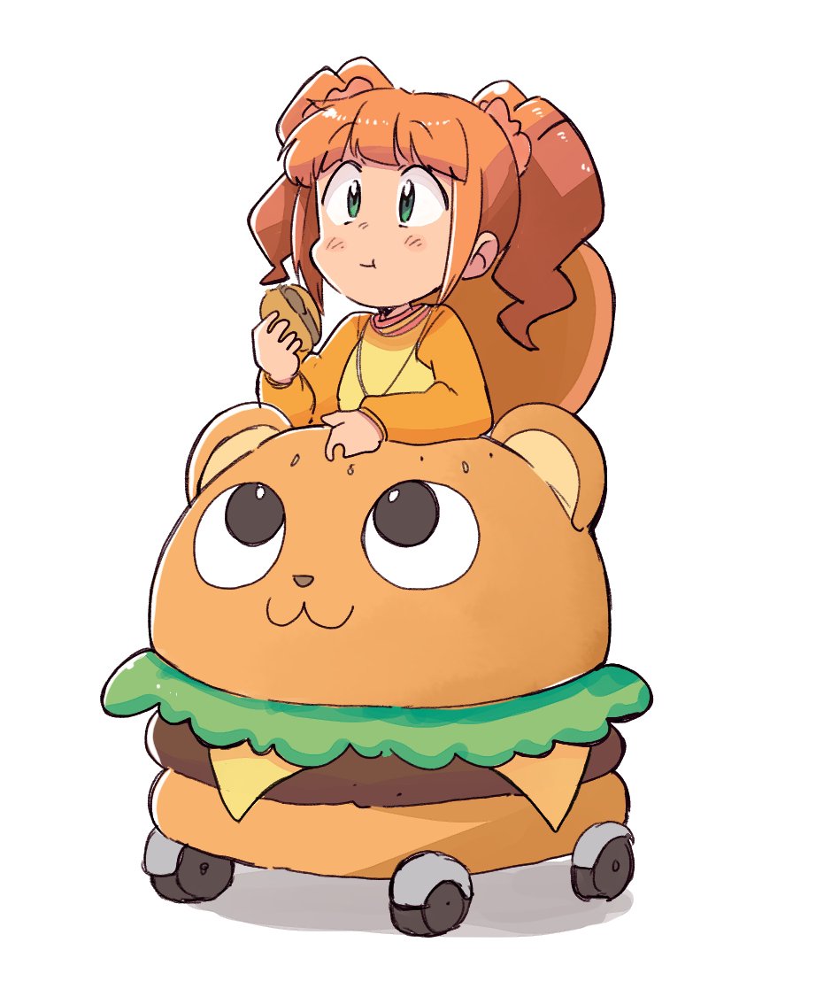 :3 blue_eyes brown_hair eating fast_food food hamburger idolmaster idolmaster_(classic) jewelry lettuce necklace raglan_sleeves takatsuki_yayoi tsubobot twintails white_background