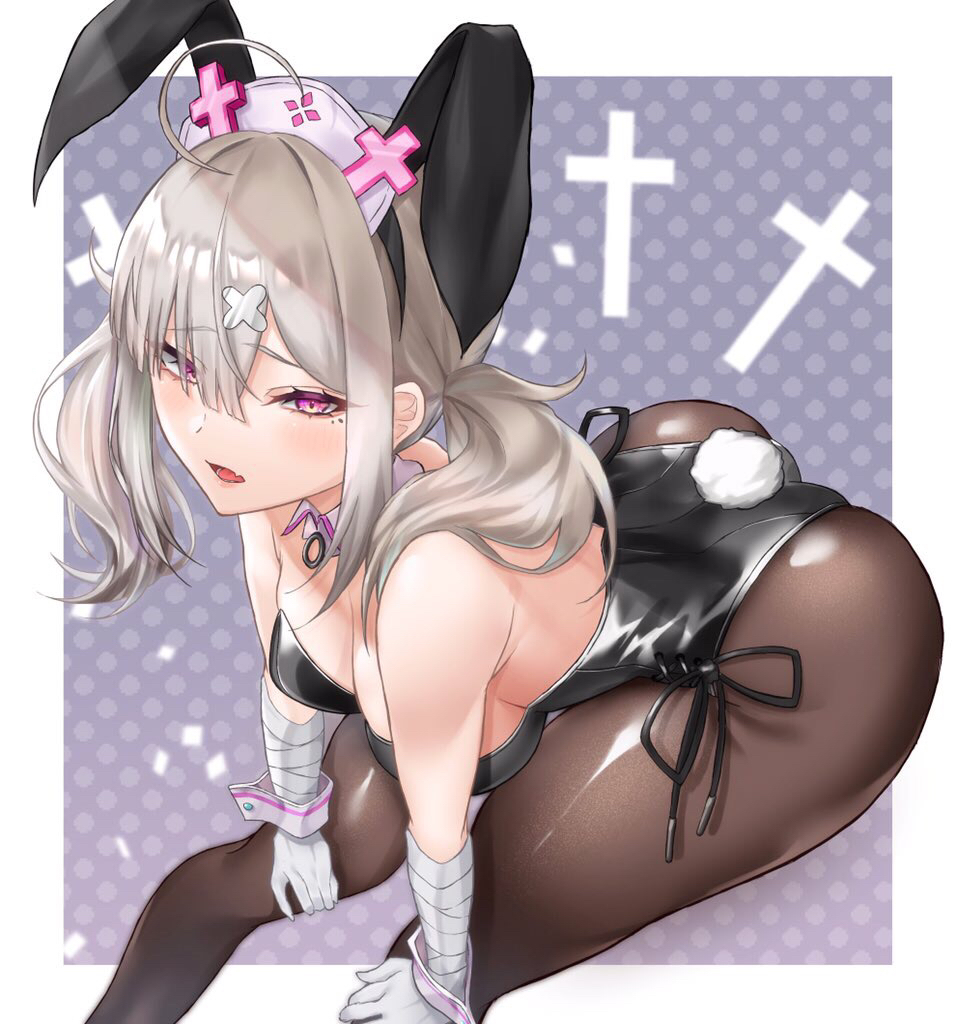 1girl animal_ears ass bandages black_legwear black_leotard bunny_girl bunny_tail bunnysuit commentary_request detached_collar fang feet_out_of_frame gloves grey_background hair_ornament hands_on_own_knees hat leotard long_hair nijisanji nurse_cap pantyhose pink_eyes polka_dot polka_dot_background rabbit_ears silver_hair sitting skin_fang skysign_ft solo strapless strapless_leotard sukoya_kana tail twintails virtual_youtuber white_gloves wrist_cuffs x_hair_ornament