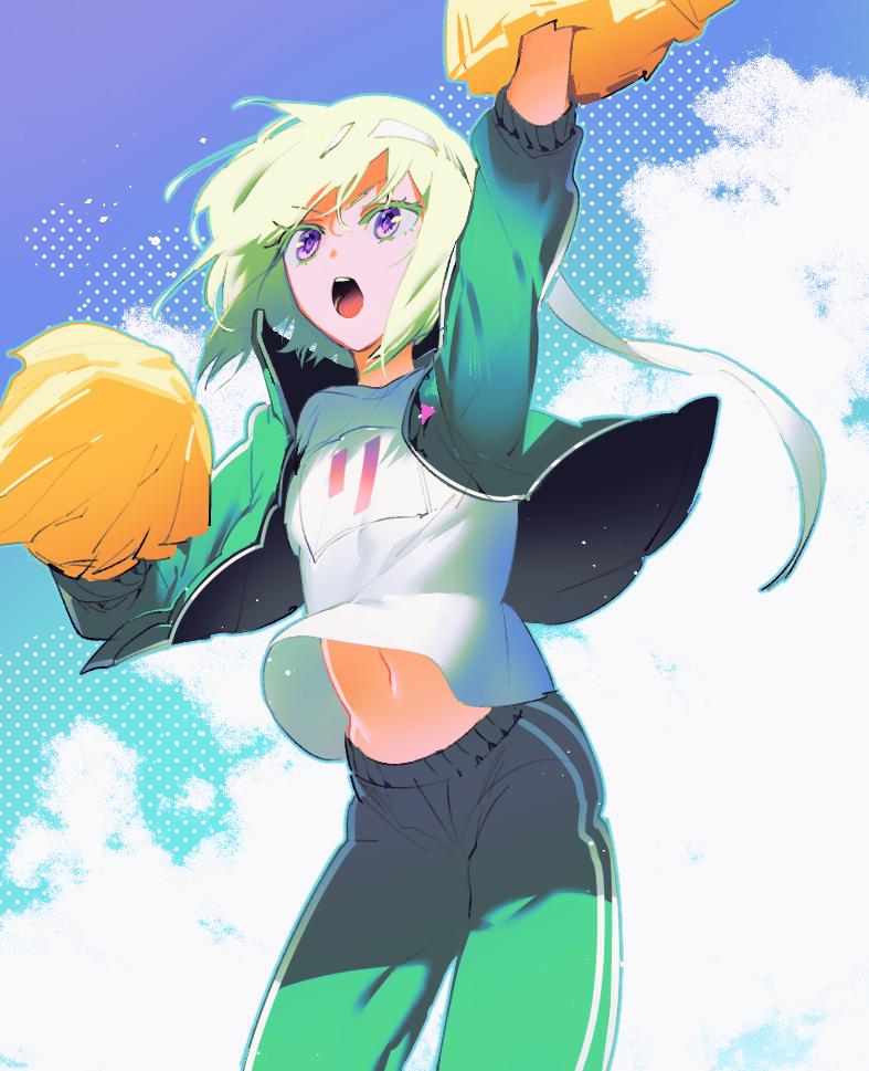 1boy 88o88o8 arm_up cheering cheerleader green_hair headband jacket lio_fotia male_focus midriff navel open_mouth pom_poms promare short_hair solo track_suit violet_eyes