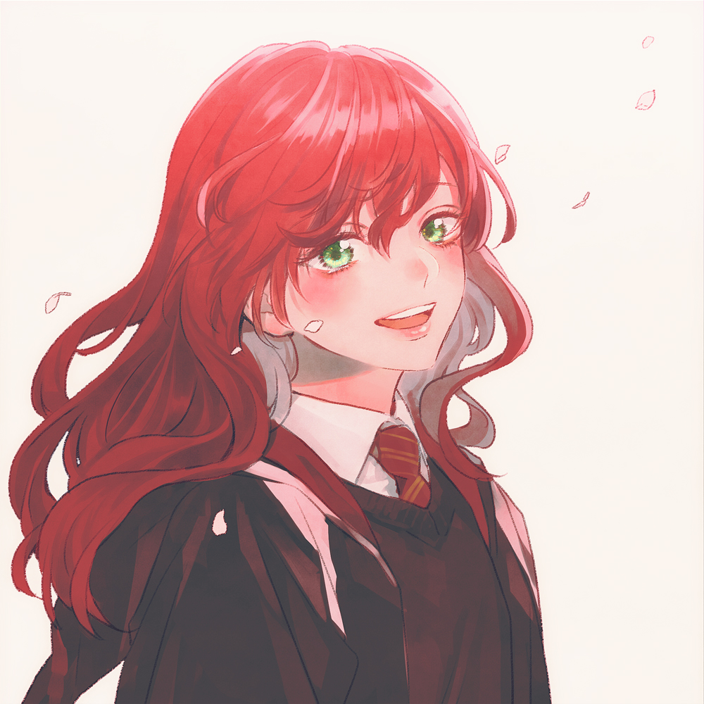 1girl bangs blush breasts collared_shirt green_eyes gryffindor happy harry_potter hogwarts_school_uniform jacket kurosujuu lily_evans long_hair looking_at_viewer necktie open_mouth petals red_neckwear redhead school_uniform shirt simple_background smile solo sweater upper_body wind