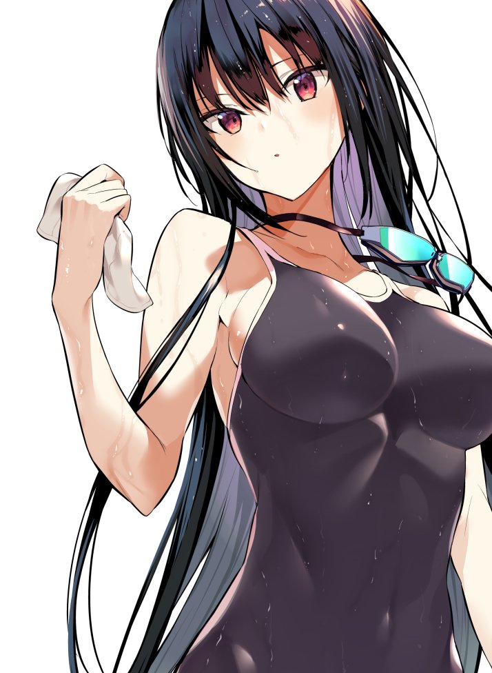 1girl black_hair breasts covered_navel cowboy_shot goggles goggles_around_neck hair_between_eyes hiiragi_yuuichi large_breasts long_hair one-piece_swimsuit original red_eyes sideboob solo swimsuit very_long_hair wet white_background