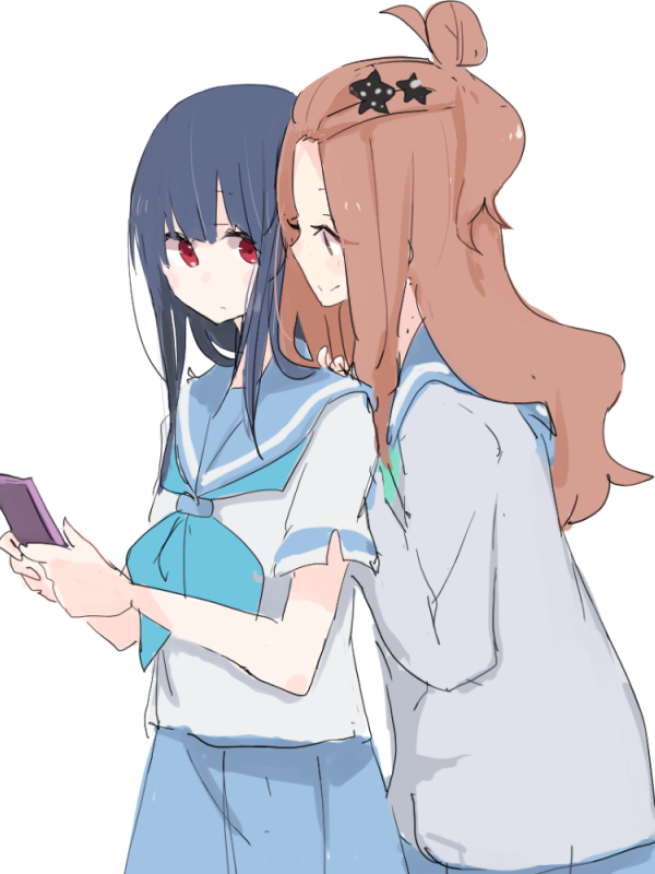 2girls black_hair blue_neckwear blue_sailor_collar brown_hair cellphone hair_ornament hibike!_euphonium kenzaki_ririka kyoto_animation liz_to_aoi_tori long_hair long_sleeves multiple_girls neckerchief phone red_eyes sailor_collar school_uniform serafuku shiroshi_(denpa_eshidan) simple_background skirt smartphone smile star star_hair_ornament takarajimasha white_background yoroizuka_mizore