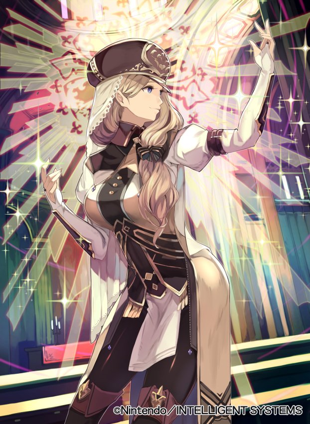 1girl beret blonde_hair boots bow fire_emblem fire_emblem:_three_houses fire_emblem_cipher hat kurosawa_tetsu long_hair low_ponytail mercedes_von_marltritz official_art solo sparkle veil violet_eyes