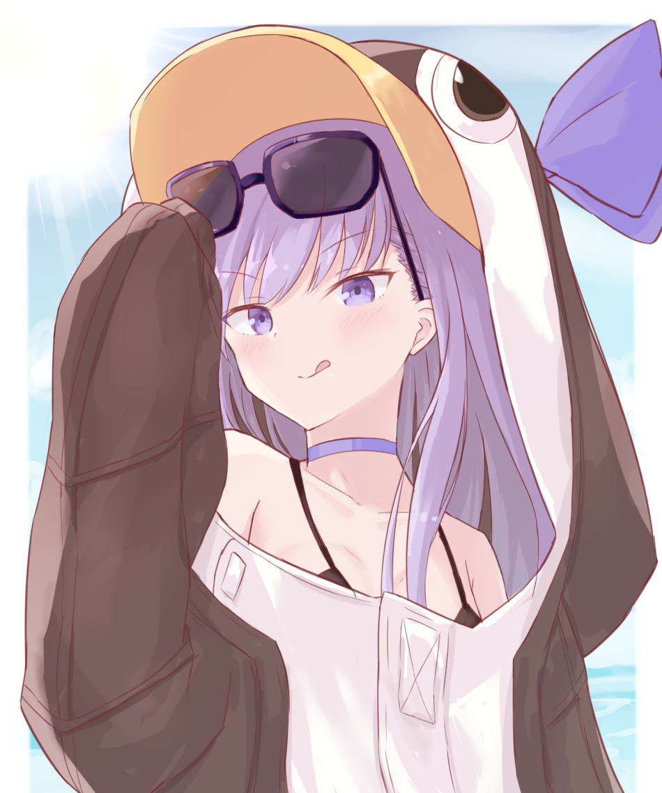 1girl animal_hood bangs bare_shoulders bikini black_bikini black_jacket blue_bow blue_eyes blue_sky bow breasts choker closed_mouth collarbone eyewear_on_head fate/grand_order fate_(series) gudou_(gdo_514) hair_between_eyes hood jacket licking_lips long_hair long_sleeves looking_at_viewer meltryllis meltryllis_(swimsuit_lancer)_(fate) penguin_hood purple_hair sky sleeves_past_fingers sleeves_past_wrists small_breasts smile solo sunglasses swimsuit tongue tongue_out very_long_hair