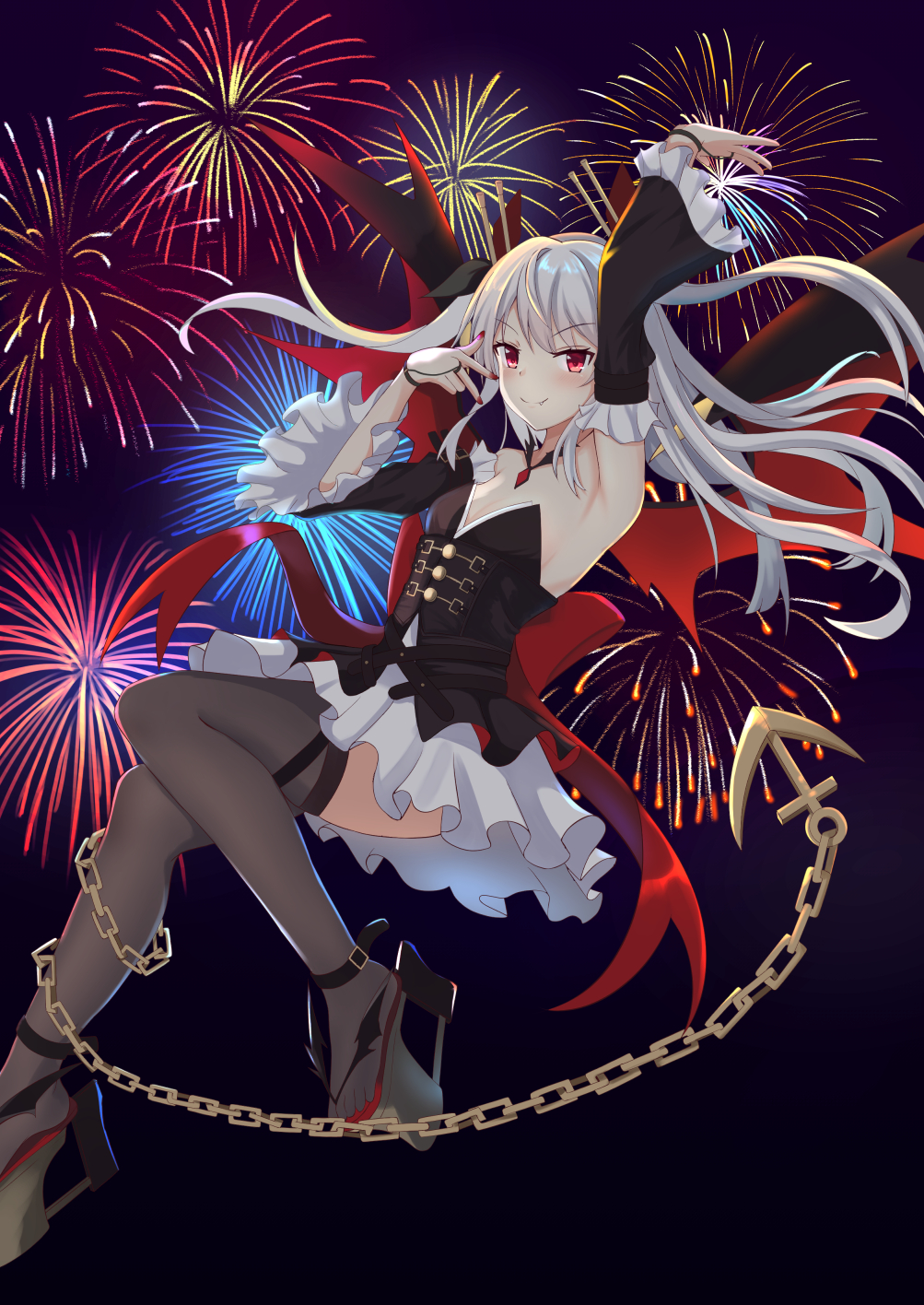 1girl anchor azur_lane bat_wings belt black_dress chain detached_sleeves doku-doku dress fang fang_out fireworks headgear highres multicolored multicolored_clothes multicolored_dress multiple_belts platform_footwear red_eyes red_nails red_ribbon ribbon rudder_footwear silver_hair solo strapless strapless_dress thigh-highs two_side_up underbust vampire_(azur_lane) vampire_(princess_of_the_night)_(azur_lane) wings