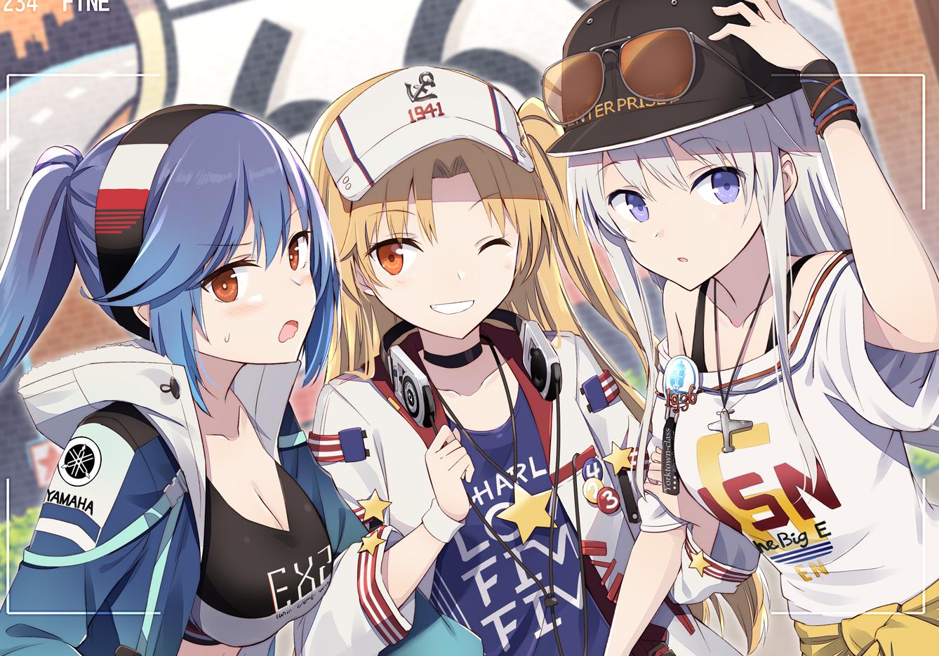 3girls alternate_costume azur_lane bangs baseball_cap black_choker blonde_hair blue_hair blush breasts choker cleveland_(azur_lane) cleveland_(road_trip!)_(azur_lane) clothes_around_waist clothes_writing collarbone day enterprise_(anniversary_ride)_(azur_lane) enterprise_(azur_lane) essex_(a_trip_down_route_66)_(azur_lane) essex_(azur_lane) eyebrows_visible_through_hair eyewear_on_headwear gochou_(atemonai_heya) grin hat headband headphones headphones_around_neck hood hood_down jacket jacket_around_waist large_breasts locked_arms long_hair long_sleeves looking_at_viewer multiple_girls off-shoulder_shirt off_shoulder official_art one_eye_closed one_side_up open_clothes outdoors red_eyes shirt sidelocks silver_hair smile star sunglasses sweatdrop tinted_eyewear viewfinder violet_eyes