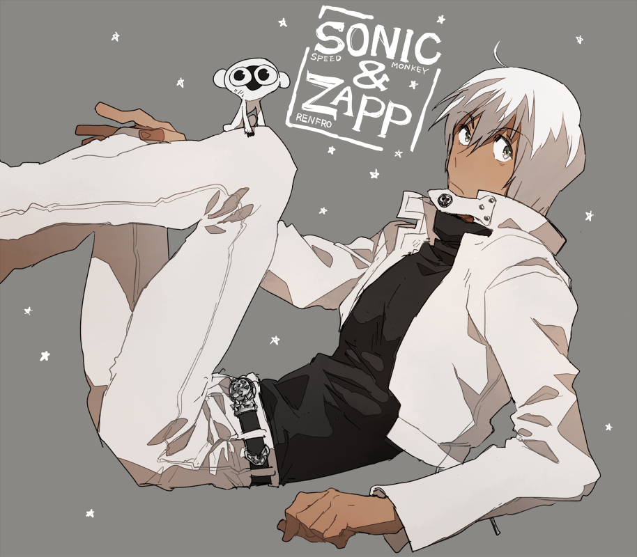 1boy animal belt black_shirt character_name closed_mouth collar dark_skin grey_background hand_on_own_knee housui_(g3hopes) jacket kekkai_sensen looking_up lying monkey pants shirt short_hair solo sonic_(kekkai_sensen) star white_hair white_jacket white_pants zap_renfro