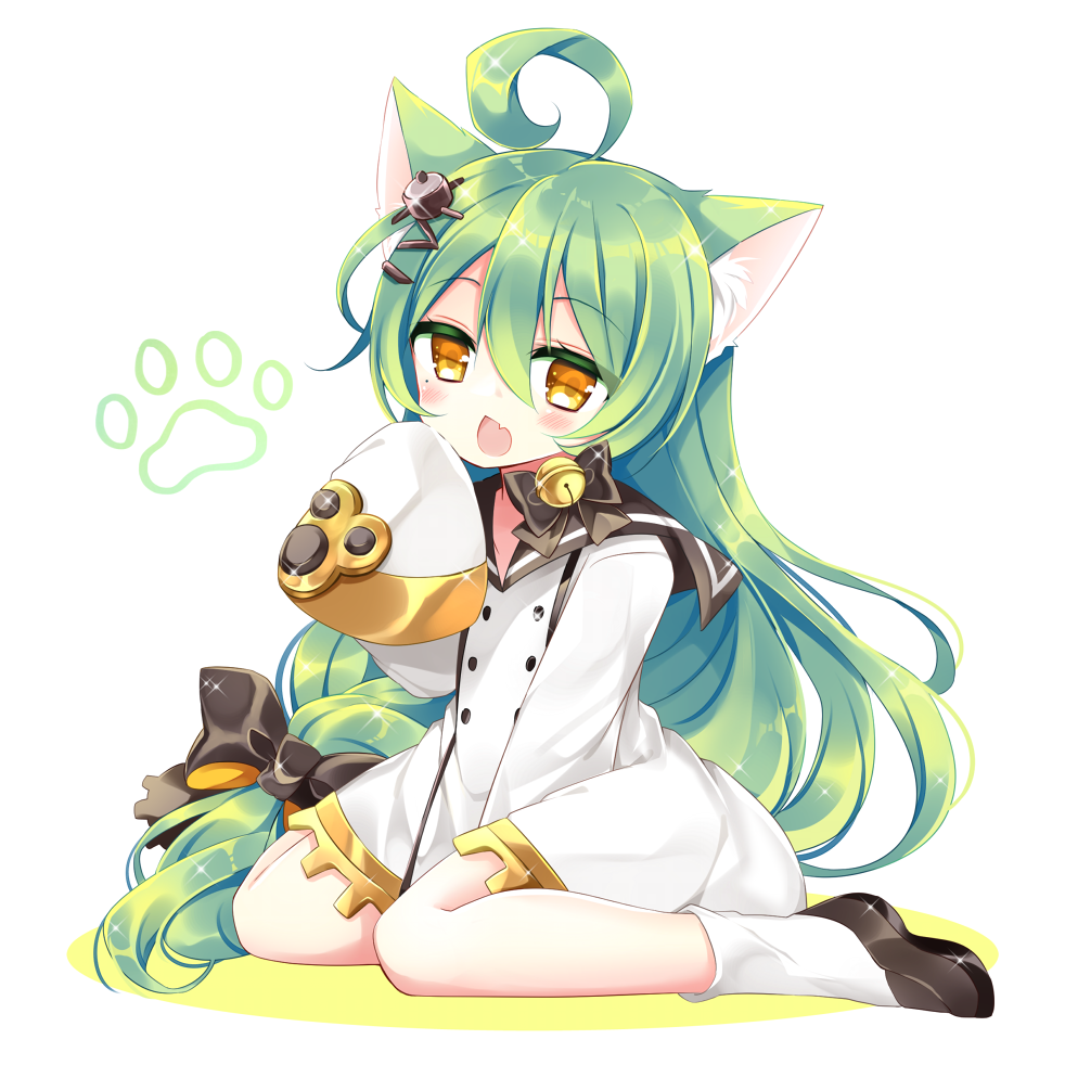 1girl ahoge akashi_(azur_lane) animal_ear_fluff animal_ears azur_lane bangs bell black_bow black_footwear black_sailor_collar blush bow braid brown_eyes cat_ears chestnut_mouth colored_shadow commentary_request dress eyebrows_visible_through_hair fang full_body green_hair hair_between_eyes hair_bow hair_ornament hand_up jingle_bell loafers long_hair long_sleeves looking_at_viewer open_mouth sailor_collar sailor_dress shadow shikito shoes sitting sleeves_past_fingers sleeves_past_wrists socks solo very_long_hair wariza white_background white_dress white_legwear