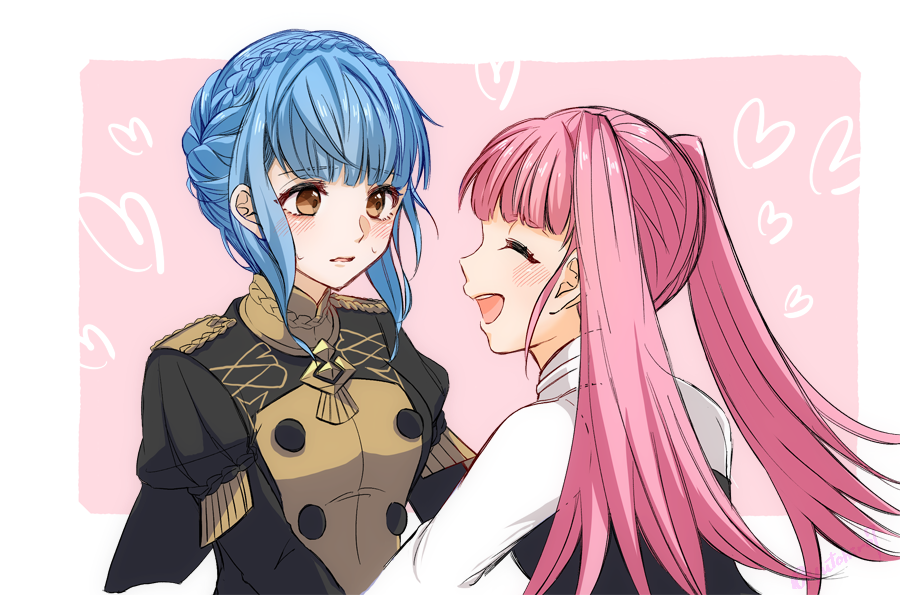 2girls blue_hair braid brown_eyes closed_eyes crown_braid epaulettes fire_emblem fire_emblem:_three_houses garreg_mach_monastery_uniform heart hilda_valentine_goneril long_hair marianne_von_edmund multiple_girls open_mouth parted_lips pink_background pink_hair simple_background twintails uniform upper_body yutohiroya