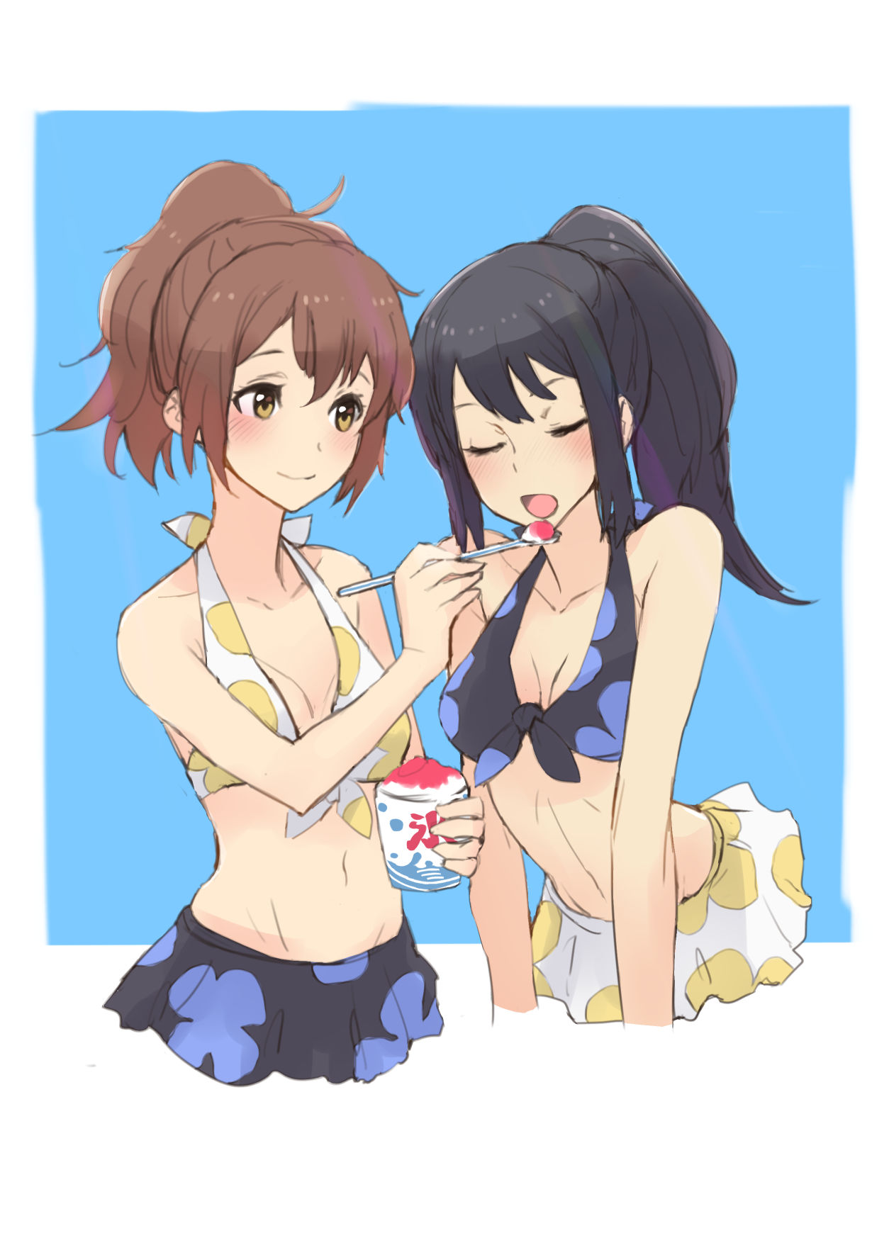 2girls bana_(stand_flower) bikini_skirt bikini_top black_hair brown_eyes brown_hair closed_eyes cute feeding floral_print hibike!_euphonium highres kousaka_reina kyoto_animation multiple_girls oumae_kumiko ponytail shaved_ice smile spoon summer swimsuit takarajimasha yuri