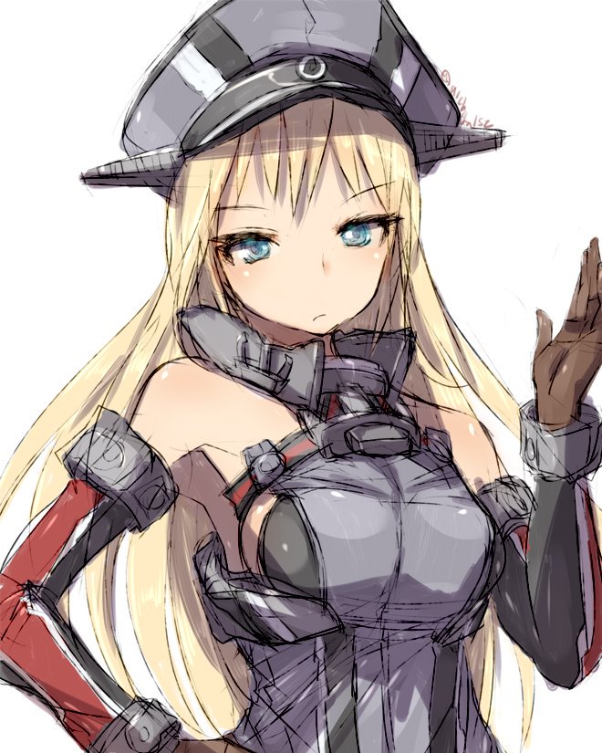 1girl alchera anchor bismarck_(kantai_collection) blonde_hair blue_eyes breastplate brown_gloves detached_sleeves gloves hat kantai_collection long_hair looking_at_viewer military military_hat military_uniform peaked_cap simple_background solo uniform upper_body white_background