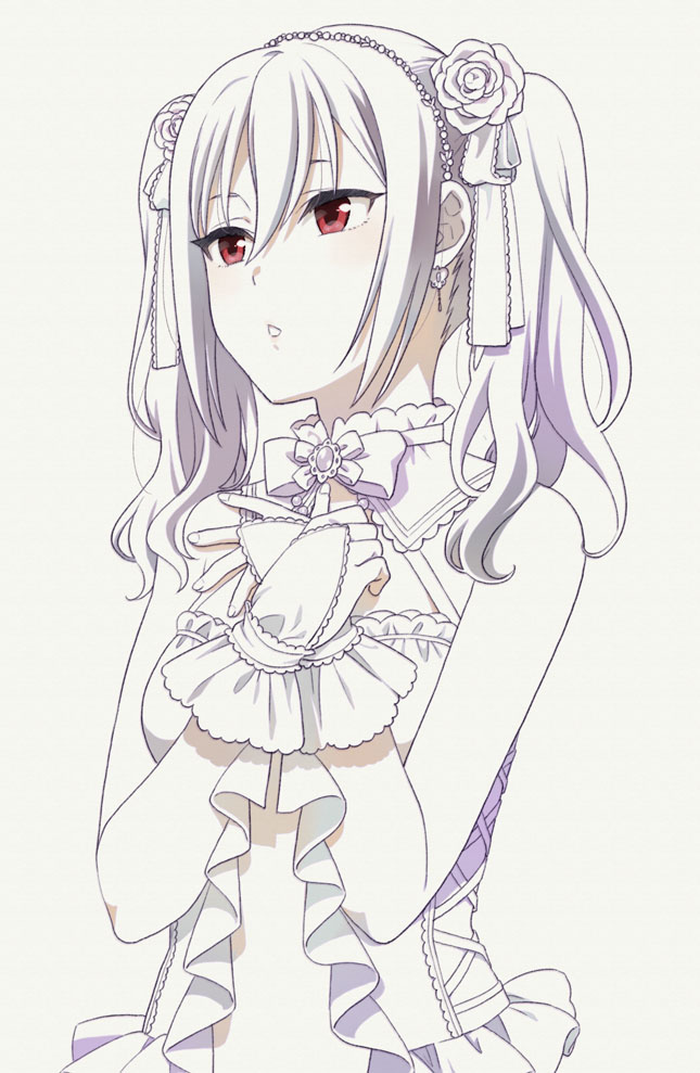 1girl bangs bare_shoulders bow breasts bridal_gauntlets chestnut_mouth dress earrings eyebrows_visible_through_hair flower grey_background hair_between_eyes hair_bow hair_flower hair_ornament hairband hands_together hands_up idolmaster idolmaster_cinderella_girls jewelry kanzaki_ranko long_hair looking_away mattaku_mousuke own_hands_together parted_lips red_eyes rose simple_background small_breasts solo twintails upper_body