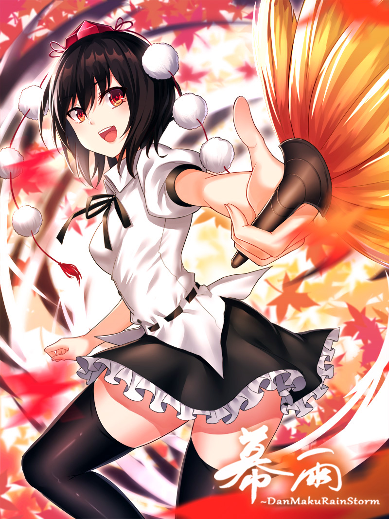 1girl :d autumn_leaves bangs black_hair black_legwear black_neckwear black_ribbon black_skirt breasts commentary_request fan feet_out_of_frame foreshortening hair_between_eyes hat holding holding_fan koissa leaf_fan looking_at_viewer medium_breasts miniskirt neck_ribbon open_mouth partial_commentary petticoat pom_pom_(clothes) puffy_short_sleeves puffy_sleeves red_eyes ribbon shameimaru_aya shirt short_hair short_sleeves skirt smile solo tassel thigh-highs thighs tokin_hat touhou white_shirt zettai_ryouiki