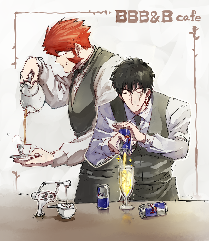 2boys barista black_hair black_jacket black_neckwear closed_eyes closed_mouth collar cup drinking_glass glasses holding holding_plate holding_teapot housui_(g3hopes) jacket kekkai_sensen klaus_von_reinhertz long_sleeves monkey multiple_boys necktie plate redhead scar shirt short_hair sonic_(kekkai_sensen) steam steven_a._starphase tea teacup teapot white_cup white_plate white_shirt white_teapot wine_glass