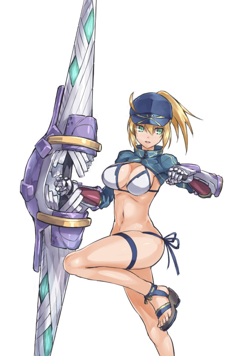 1girl artoria_pendragon_(all) bangs baseball_cap bikini blonde_hair blue_footwear blue_headwear breasts commentary_request depo_(typebaby505) fate/grand_order fate_(series) gauntlets gloves green_eyes grey_gloves hair_through_headwear hat highres holding holding_weapon leg_up long_sleeves looking_at_viewer medium_breasts medium_hair mysterious_heroine_xx_(foreigner) parted_lips ponytail sandals shrug_(clothing) simple_background solo standing standing_on_one_leg swimsuit thighlet twinmyniad weapon white_background white_bikini